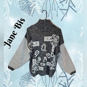 Jane Bis Winter Sweater Sz L Oversized Gray Zip Collar Drop Shoulder Women's